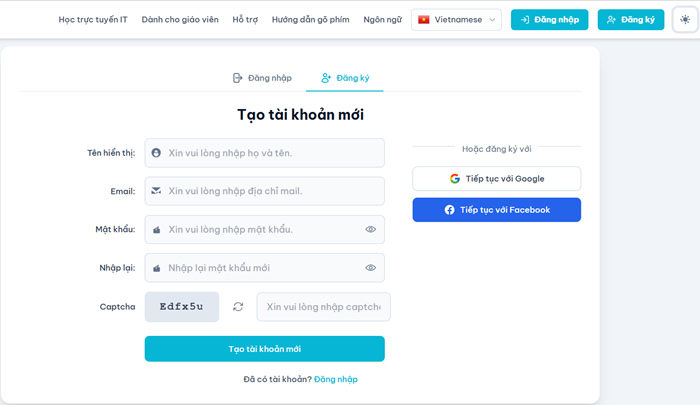 Ảnh chụp màn hình trang đăng ký